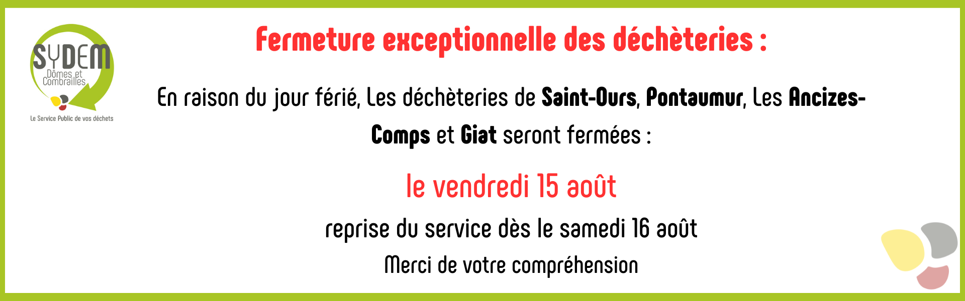 fermeture déchèterie jour férié